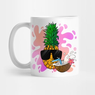 Cool pineapple with sunglasses drinking coconut juice. Mug
